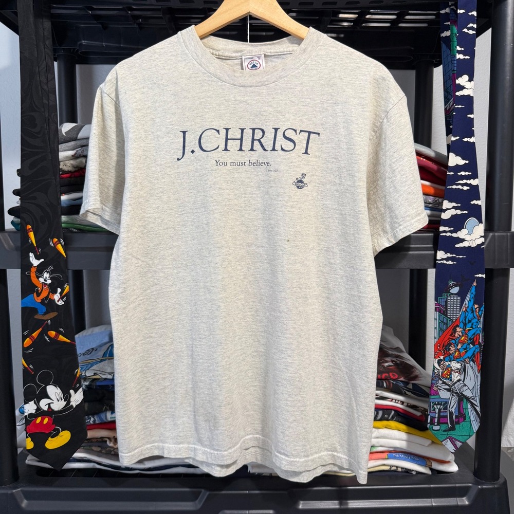 Vintage Grey J. Christ You Must Believe Religious Graphic Tee Medium Light Marks